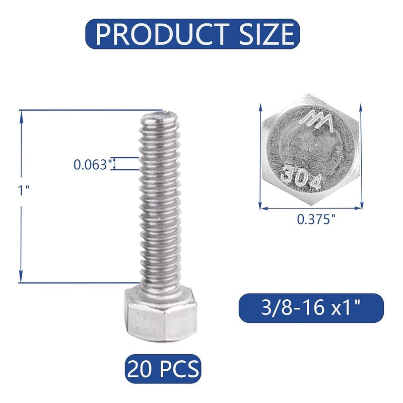 JROUTH 3/8-16 x1 SAE 304 Stainless Steel Hex Bolts Set（20PCS - Image 2